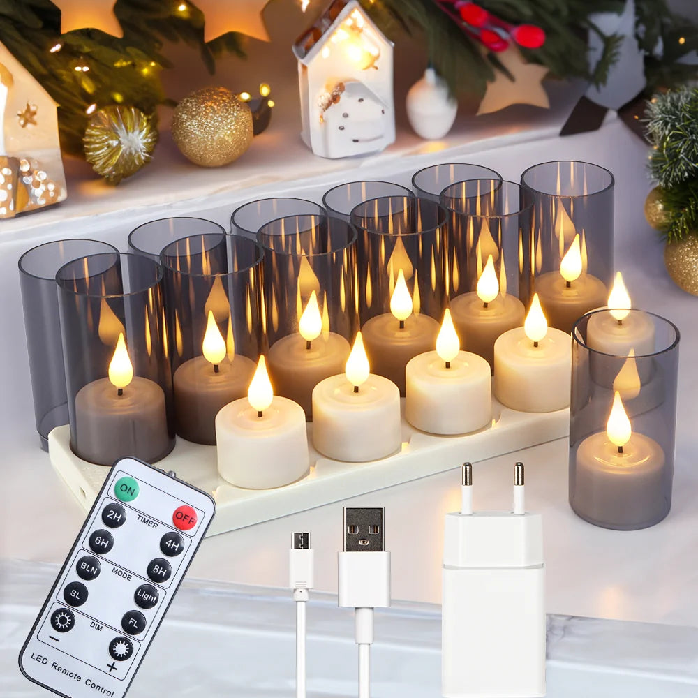 set of 6 or 12 rechargeable LED candles with timer and flashing - vue 8 sur 10