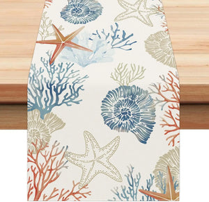 Linen table runner with ocean motif nautical style