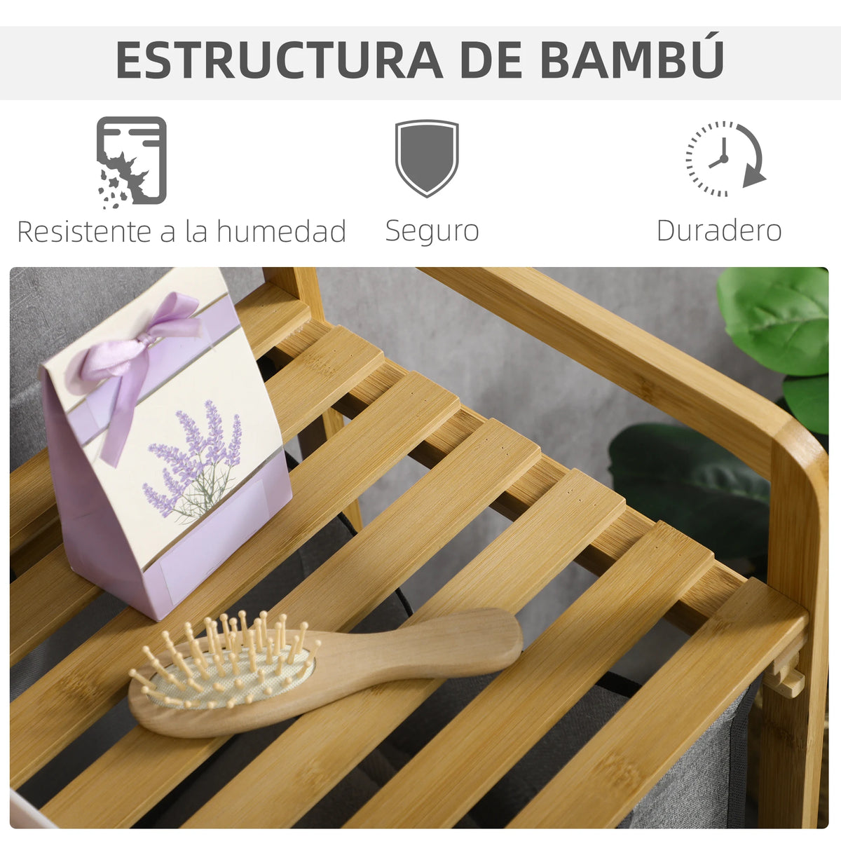 HOMCOM bamboo dirty laundry basket with 2 removable bags 63.5x33x73cm Natural - vue 6 sur 7
