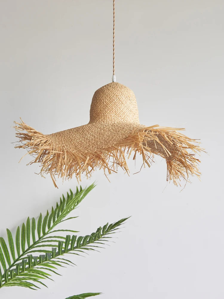 Vintage Japanese handmade woven straw hat pendant light - vue 3 sur 6