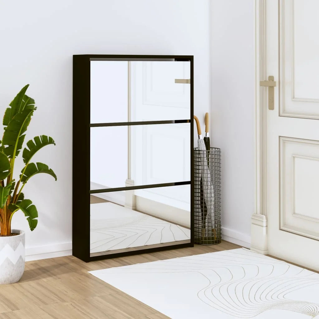 Shoe cabinet with mirror 3 levels black 63x17x102,5 cm
