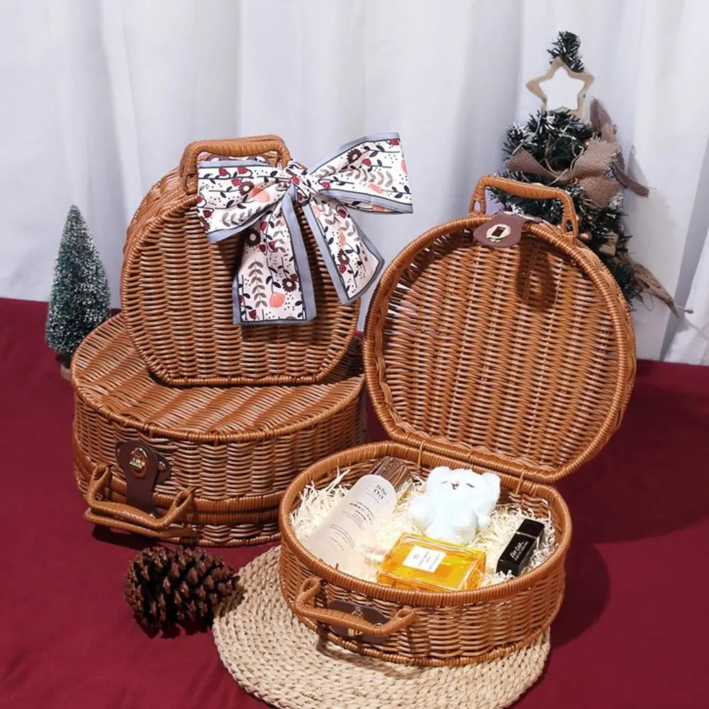 practical and durable round wicker picnic suitcase
