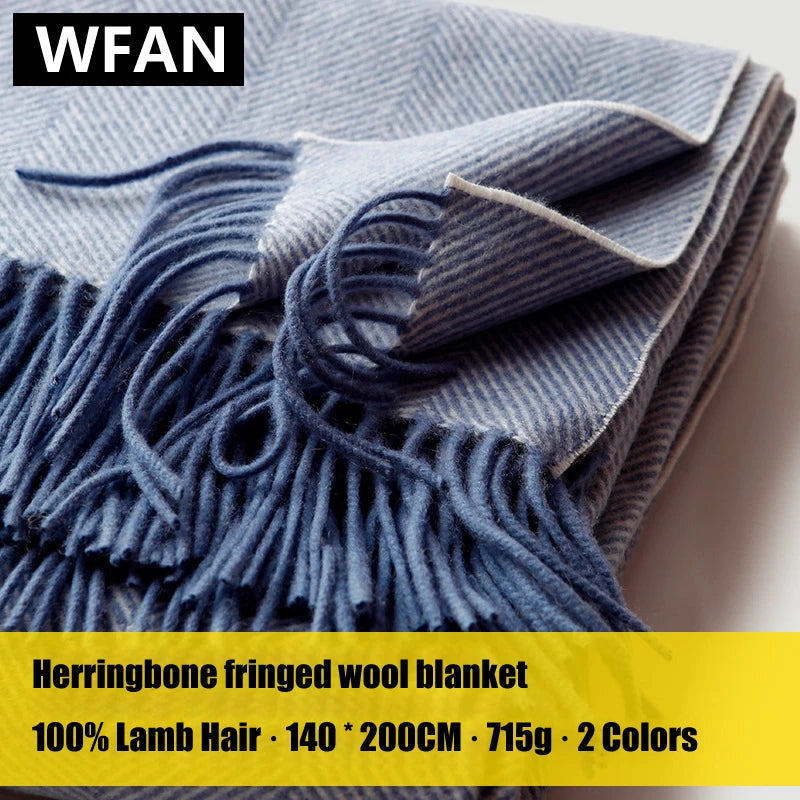 Soft wool throw with twill stripes and tassels for travel and home