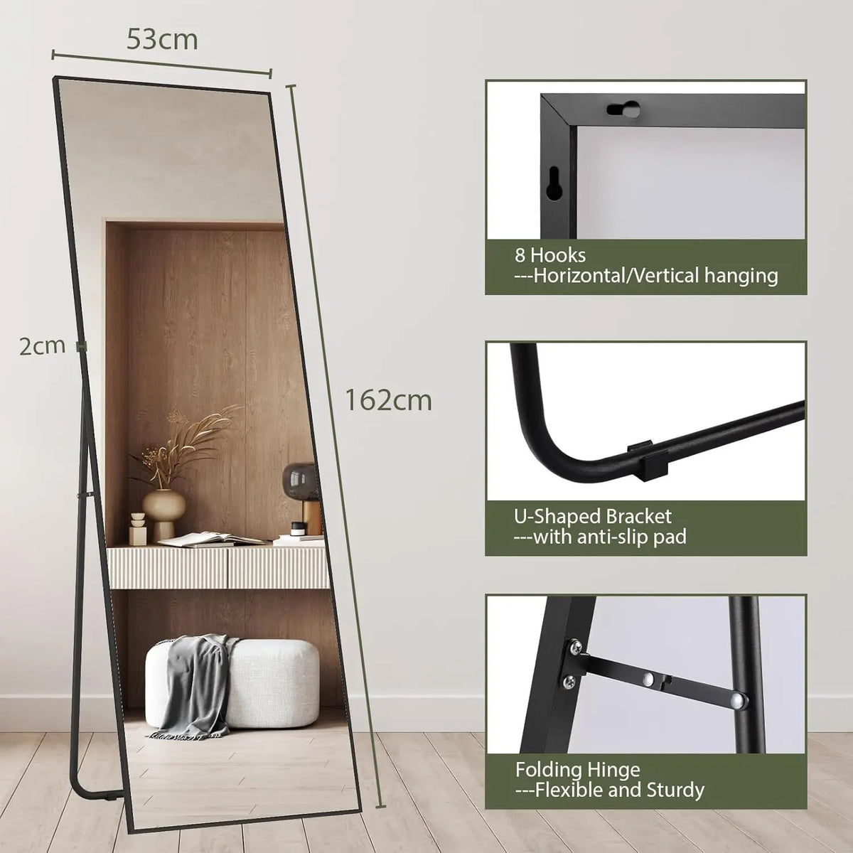 Full Length Mirror Standing Hanging or Leaning Against Wall Large Bedroom Floor Mirror Dressing, Aluminum Alloy Frame 162cm - vue 10 sur 11
