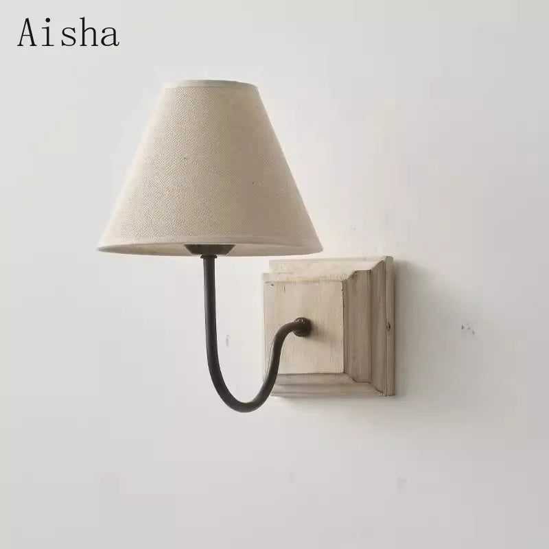 Retro fabric and solid wood decorative wall light