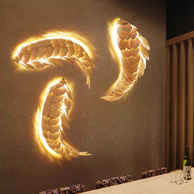 Creative handmade Chinese style wood fish LED wall light 12W