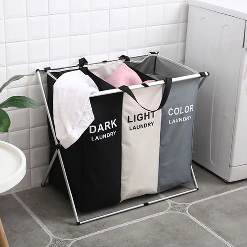Foldable laundry basket with three compartments and waterproof storage