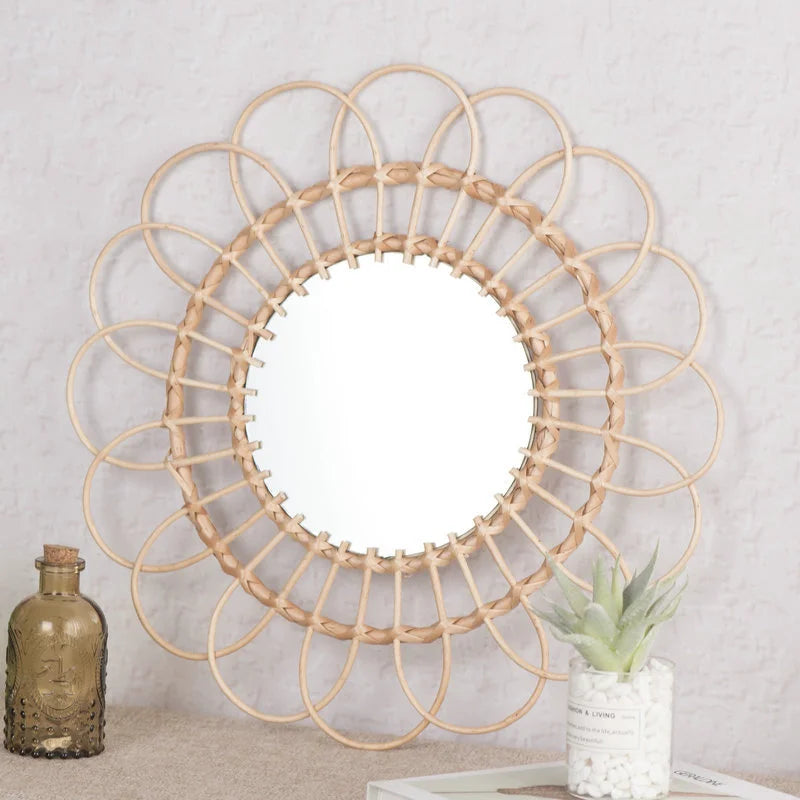 decorative sunflower rattan hanging mirror for a bohemian atmosphere - vue 3 sur 10