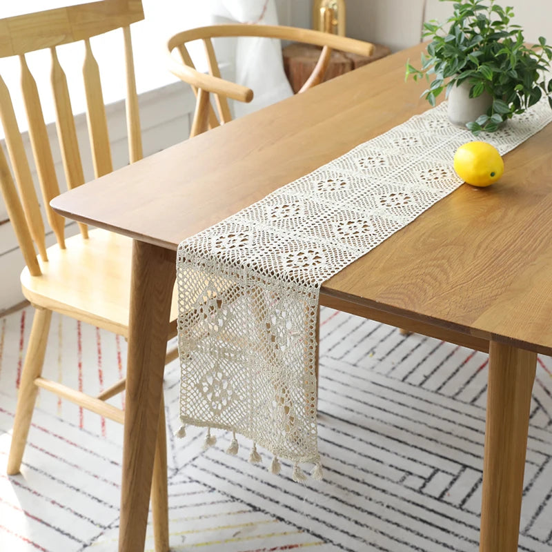 Beige crochet lace table runner boho with tassels