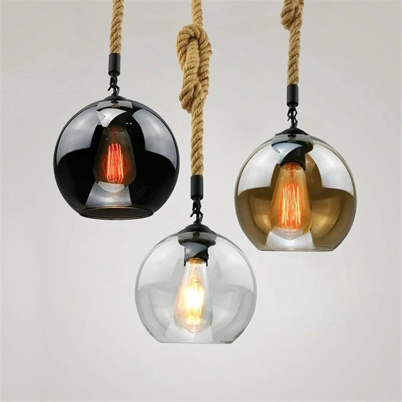 Hemp rope glass ball LED pendant light, hand-woven