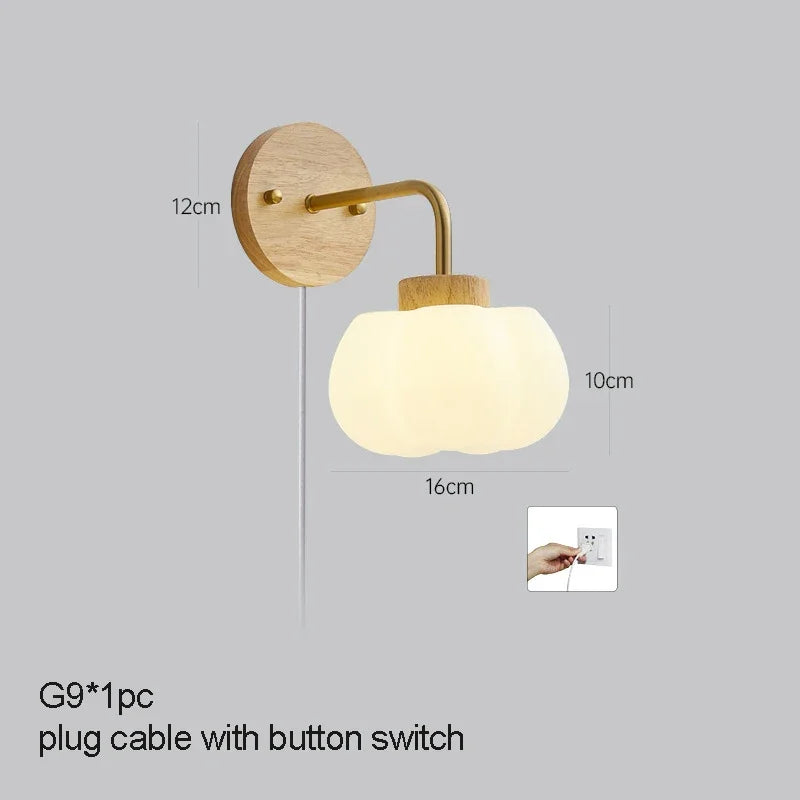 Solid wood pumpkin wall light with pull switch - vue 8 sur 9