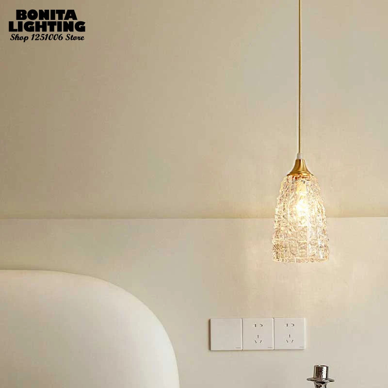 Vintage brass pendant light with ice sculpture and decorative glass