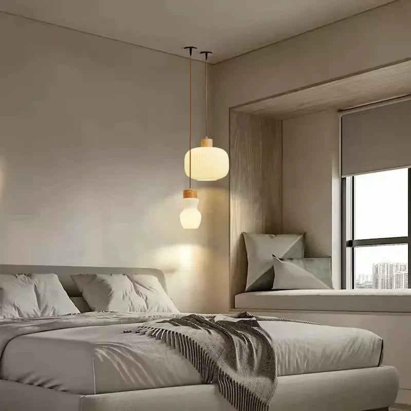 Nordic white striped glass pendant light with wood accent for dining, kitchen and bedside - vue 3 sur 9