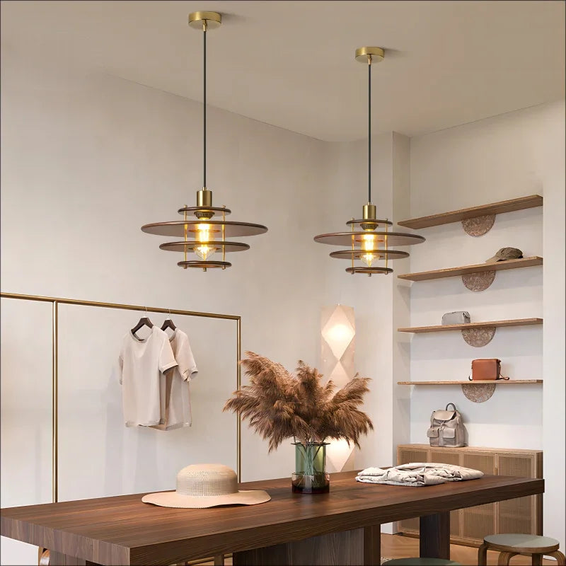 Retro wabi-sabi glass and wood minimalist chandelier - vue 3 sur 6