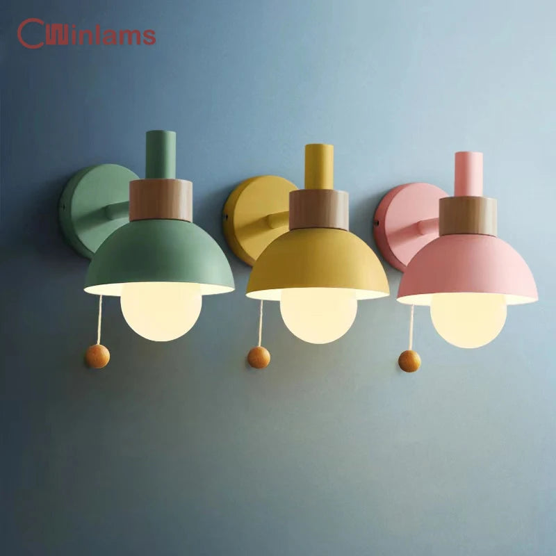 Nordic design wooden wall light with pull switch