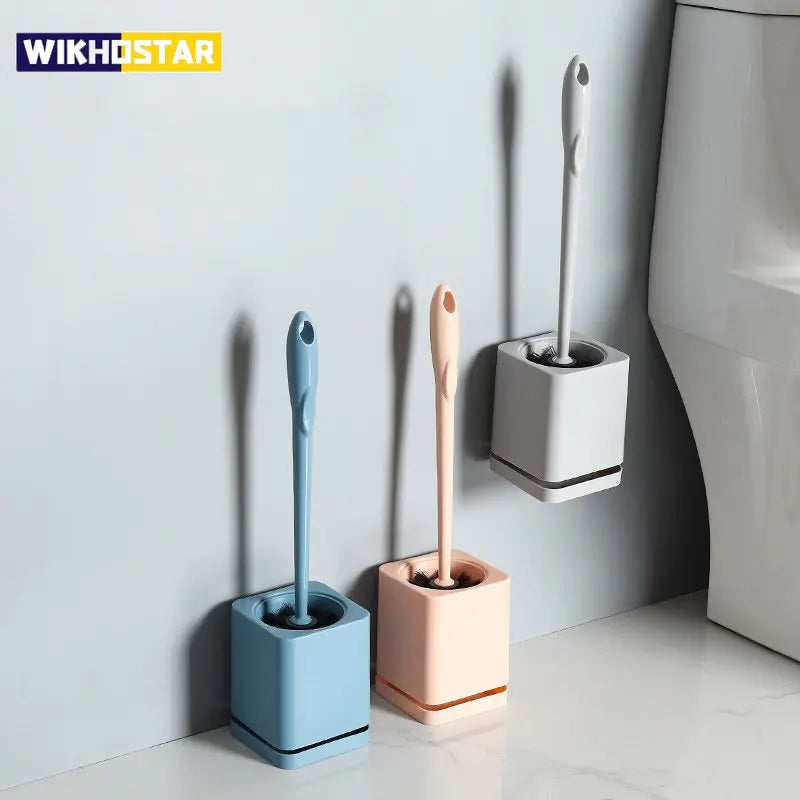 Long-bristle toilet brush with wall-mounted drying holder