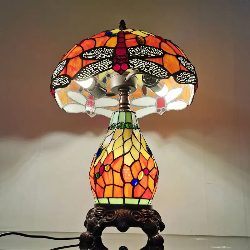 Retro American style dragonfly table lamp with decorative glass
