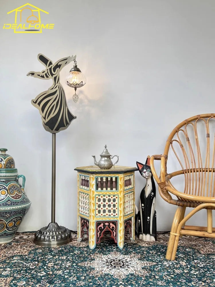 Exotic bowl floor lamp with zen monk dancer