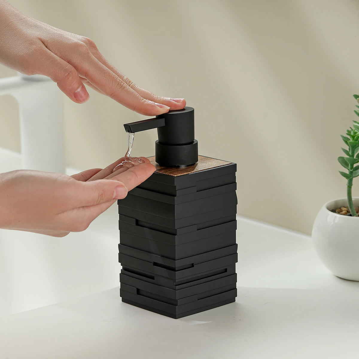 matte black soap dispenser with teak wood decor large capacity