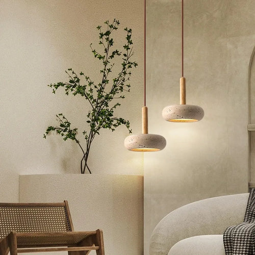 Modern LED stone and wood pendant light Japanese bedside - vue 2 sur 7