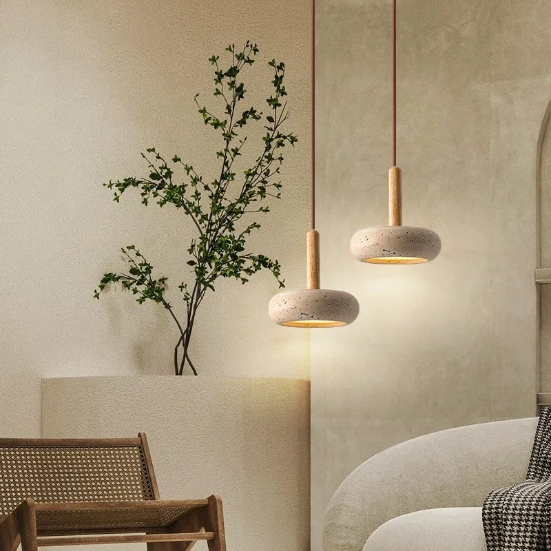 Modern LED stone and wood pendant light Japanese bedside