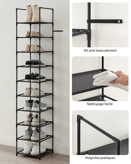 SONGMICS 10-Tier Shoe Rack, Shoe Stand, Space-Saving Shoe Storage, 33 x 33 x 173 cm, Metal Frame, Non-Woven Fabric Shelves - vue 7 sur 7