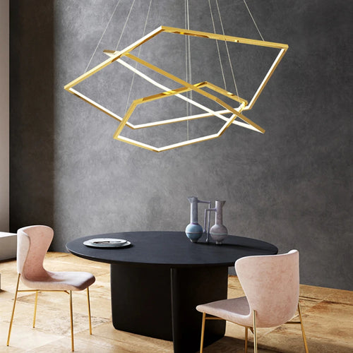 Minimalist luxury gold geometric chandelier with LED - vue 3 sur 14