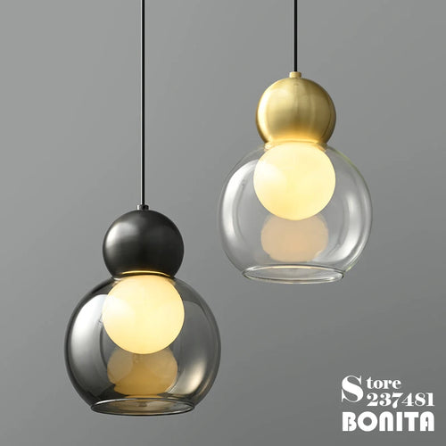 Transparent glass pendant light with decorative copper head - vue 3 sur 10