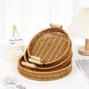 Woven rattan storage tray with wooden handles