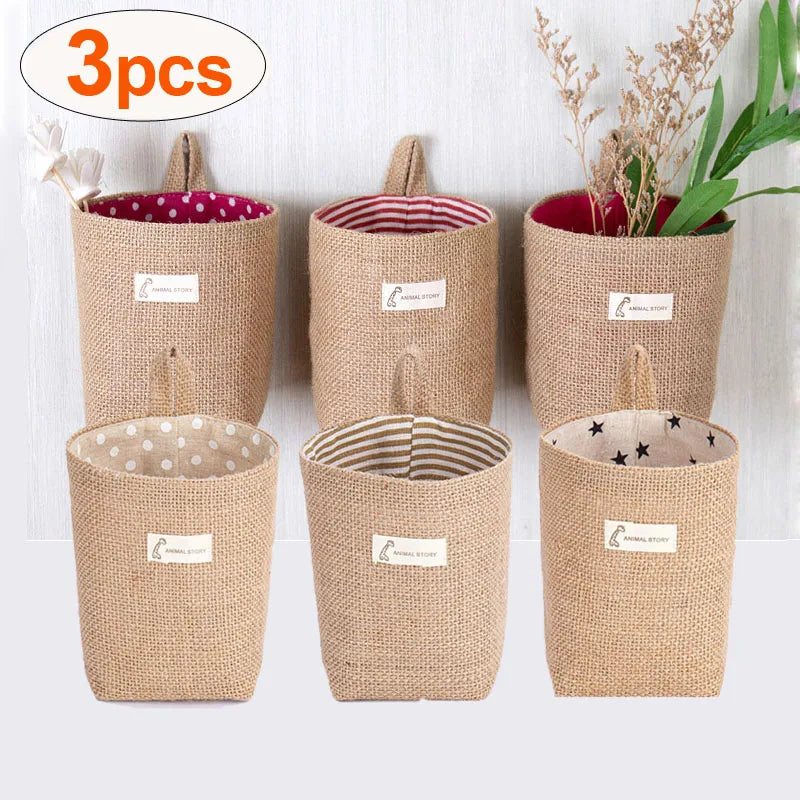 set of 3 hanging burlap baskets for storage and decoration