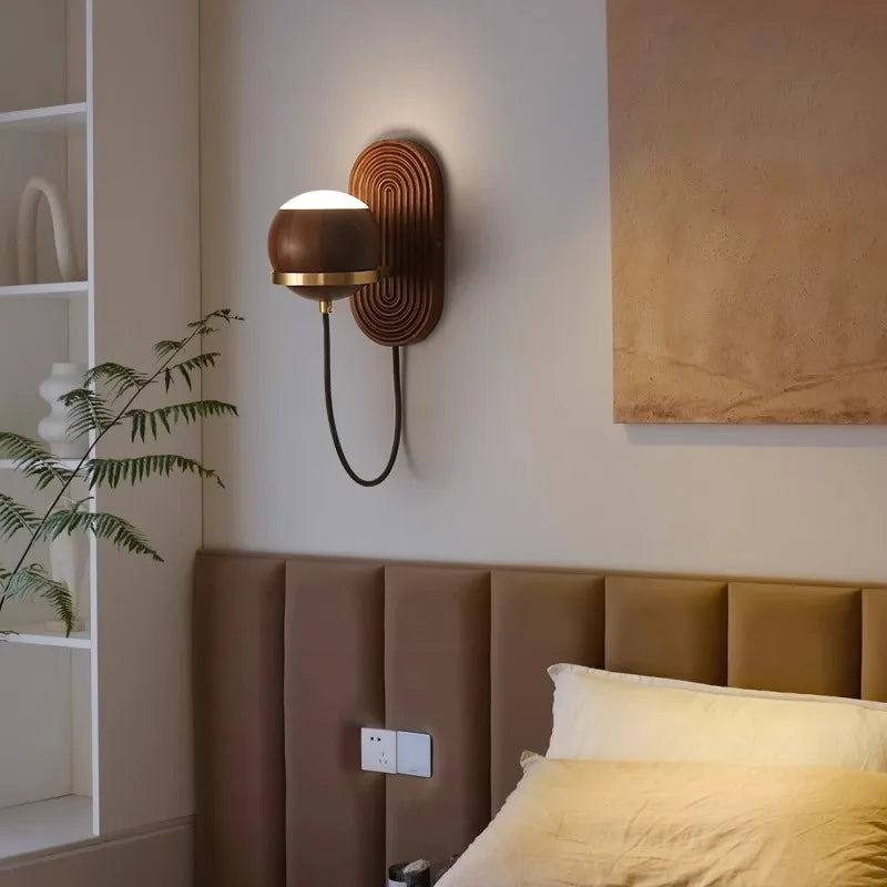 Walnut Wood Circular Sphere, Wabi-sabi minimalist Modern style, Wall Sconce light for Bedroom, Bedside, Living, Dining Room - vue 2 sur 8