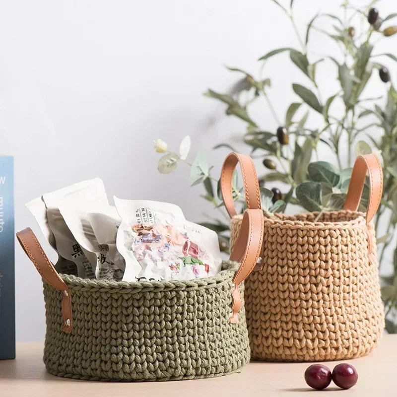 hand knitted cotton storage basket with leather handle