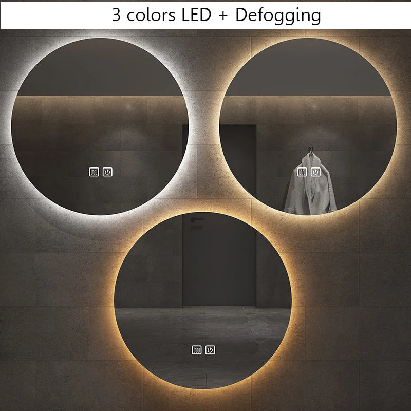 Round mirror with adjustable backlight and anti-fog, decorative