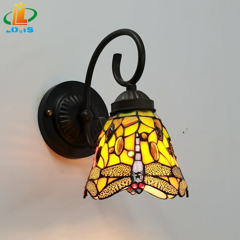 Tiffany style retro dragonfly glass wall light