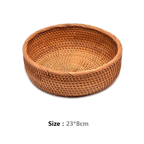 HeMu-Round Rattan Woven Basket, Wicker Fruit Basket, Bread Food, Kitchen Home Decor, Organizer Breadbasket for Kitchen - vue 11 sur 13