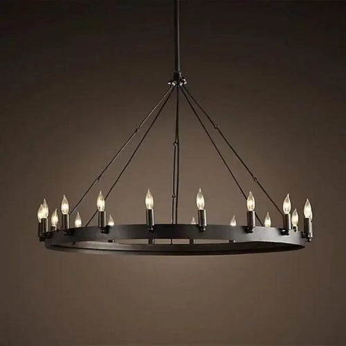 Round retro American style iron LED chandelier - vue 3 sur 13