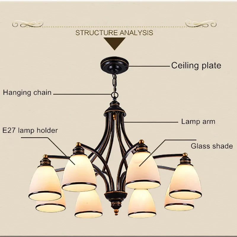 Vintage iron and bronze chandelier with glass shade, loft style - vue 3 sur 14