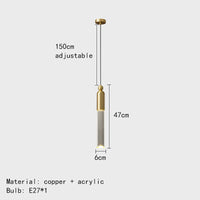 Cylindrical LED chandelier in copper and clear acrylic