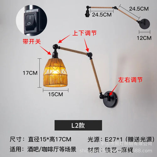 Nordic telescopic wall lamp with adjustable swivel arm and hemp rope - vue 10 sur 22