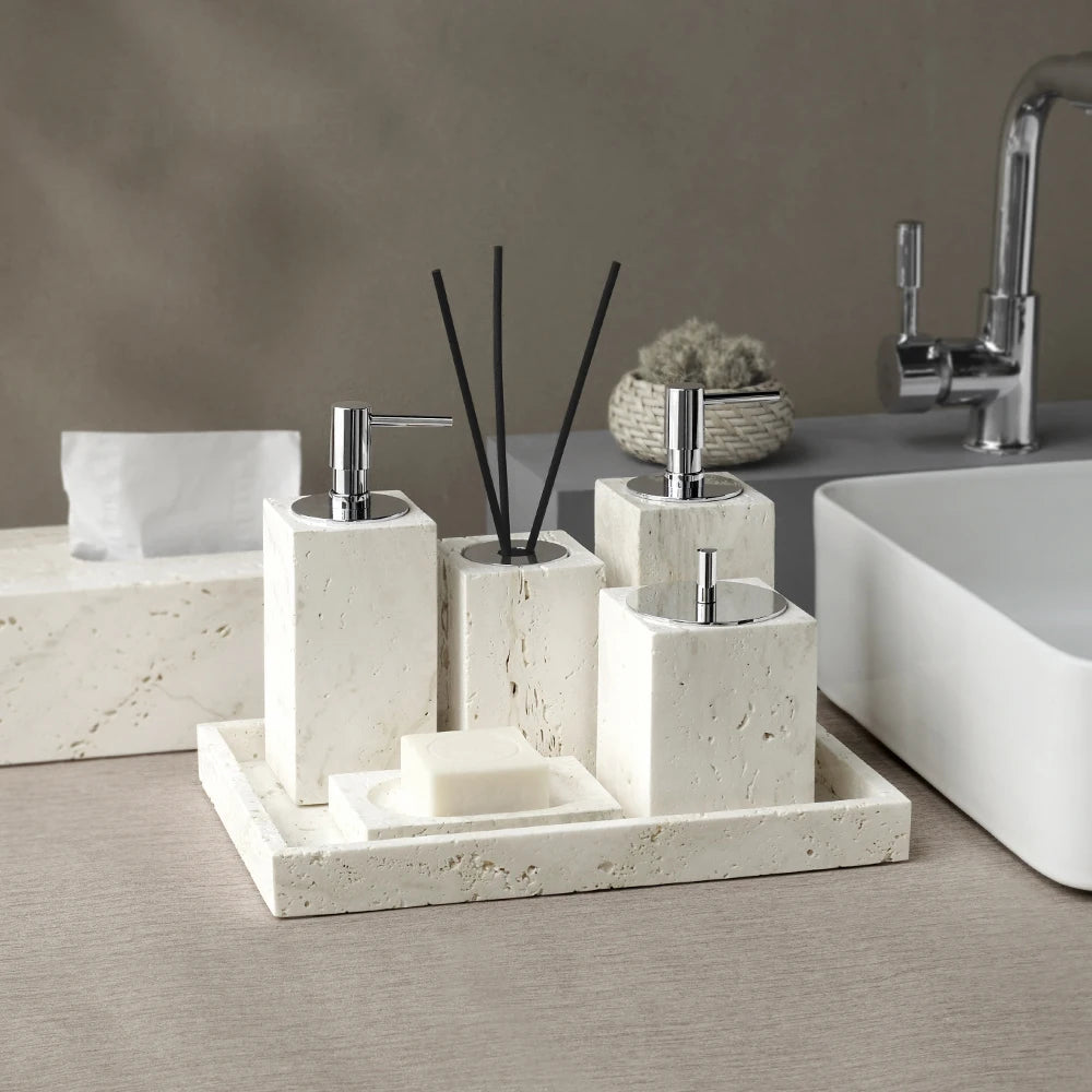 beige travertine bathroom accessory set