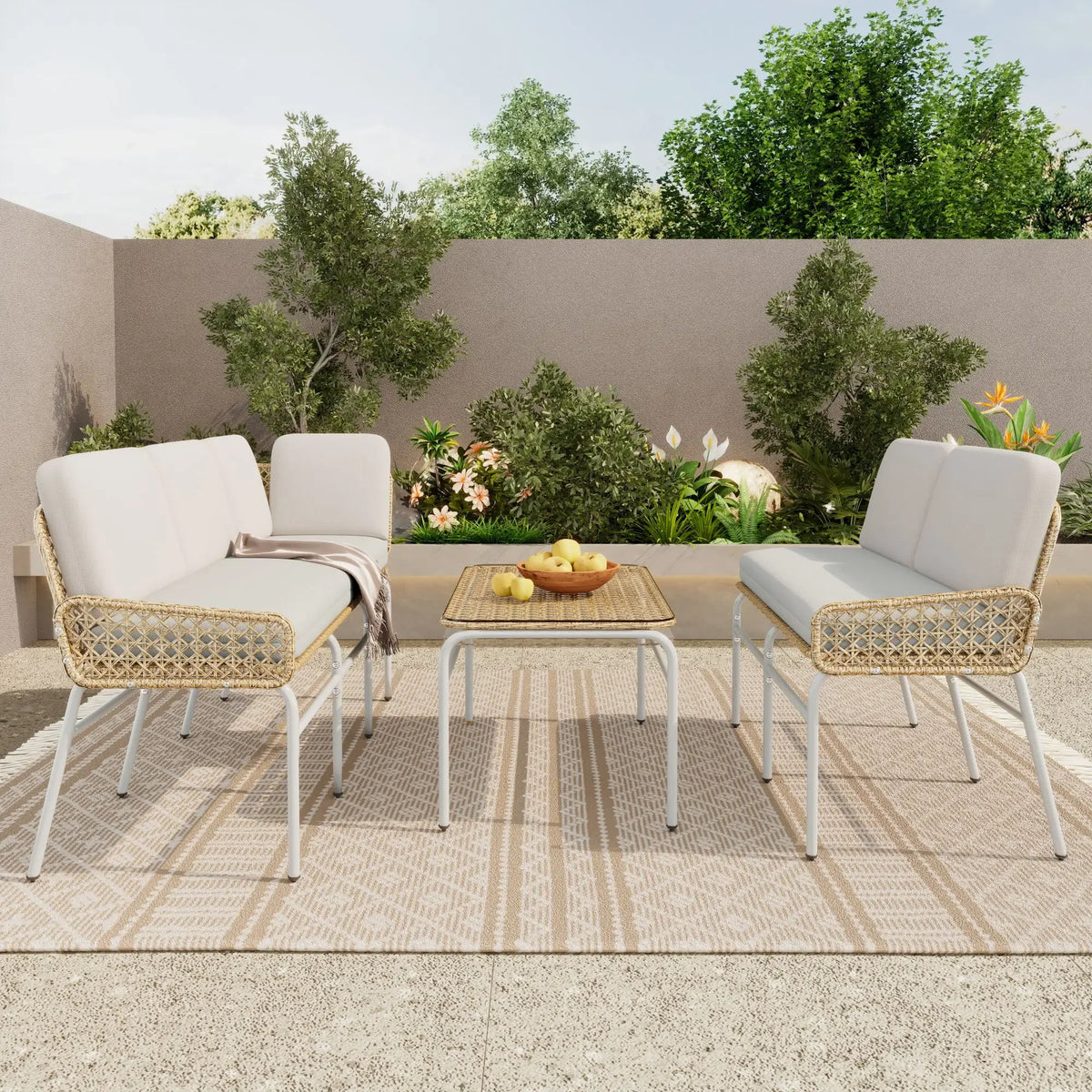 Poly rattan set, garden set, lounge sofa for 4-5 people, corner sofa, tempered glass, table &amp; pads, apricot Gray, natural