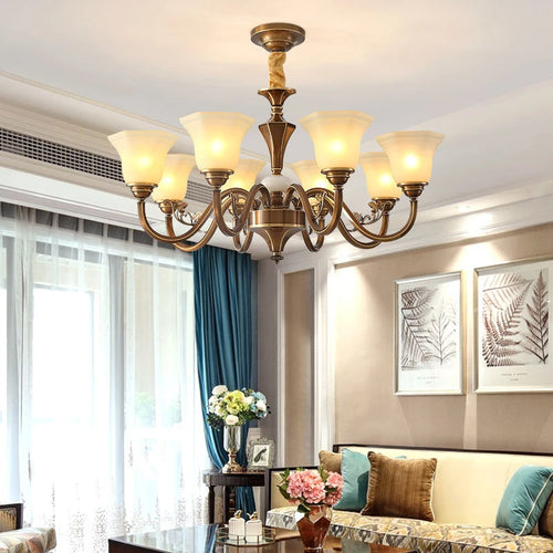 Vintage copper chandelier with frosted glass lampshade - vue 3 sur 20