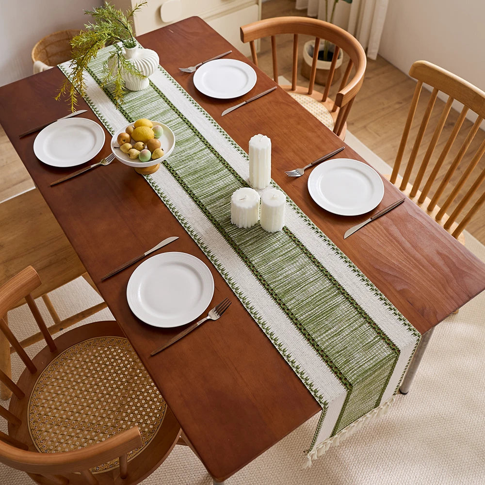 Bohemian striped red and beige table runner with tassels