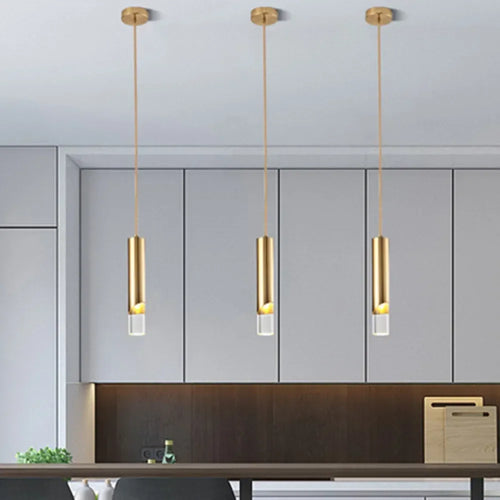 Cylindrical copper gold design LED pendant light - vue 6 sur 7