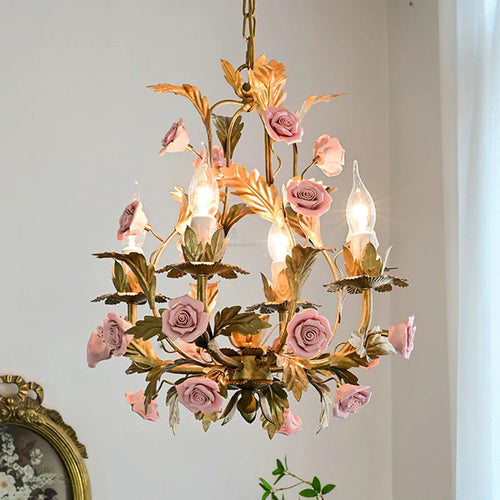 Floral ceramic and copper LED chandelier for decorative interiors - vue 3 sur 11