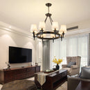 Classic American wrought iron chandelier with fabric lampshade