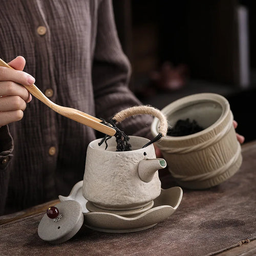 Retro Japanese kungfu ceramic textured tea set - vue 5 sur 7