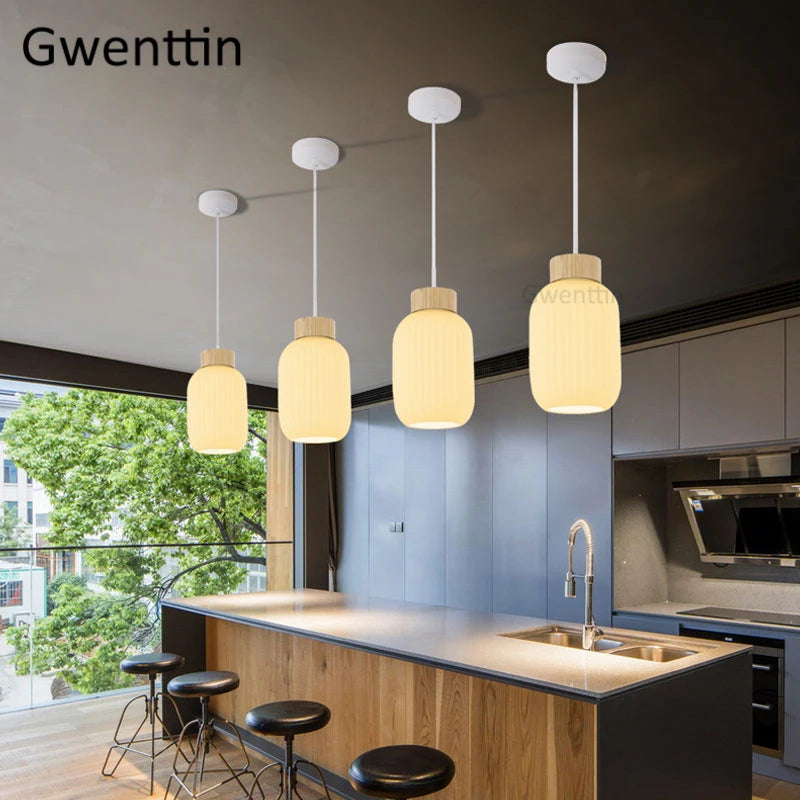Modern nordic wood and glass pendant light indoor decorative - vue 5 sur 9