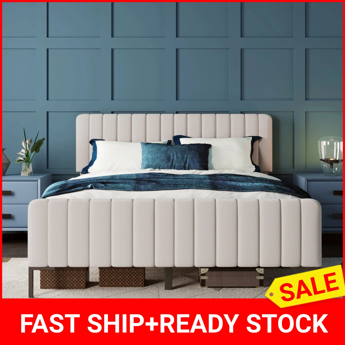Double Bed, Beige Linen Fabric, with Adjustable Headboard and Slatted Frame, Youth Bed, for Bedroom, Guest Room, 160 x 200 cm