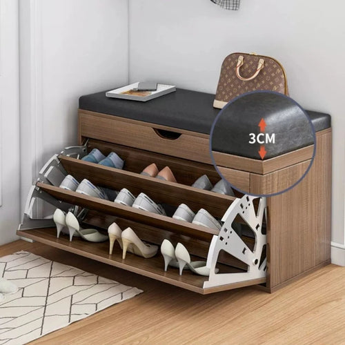 Home Shoe Cabinet with Bench, Anti-Dust Shoe Storage Bench, Multi-Layer Wooden Organizer with Cushion and Stable Structure - vue 3 sur 13